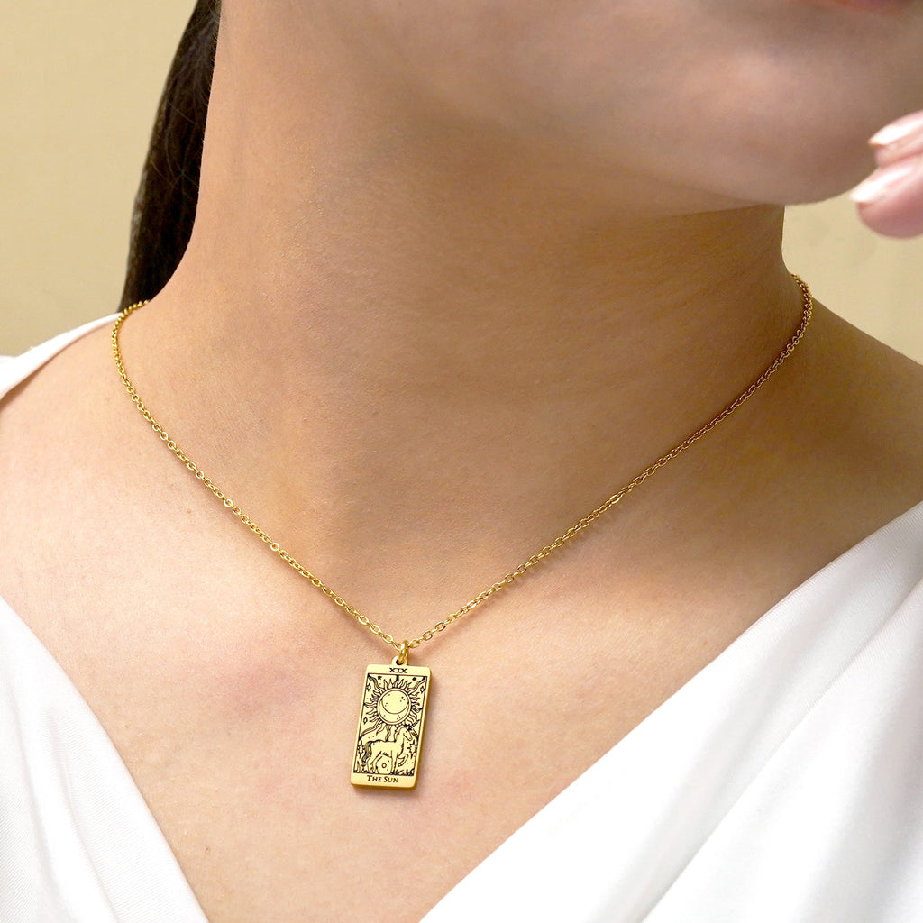 JeenMata Tarot Necklace - The Sun - Customized Tarot Pendant Jewelry for Unisex in Yellow Gold Plated