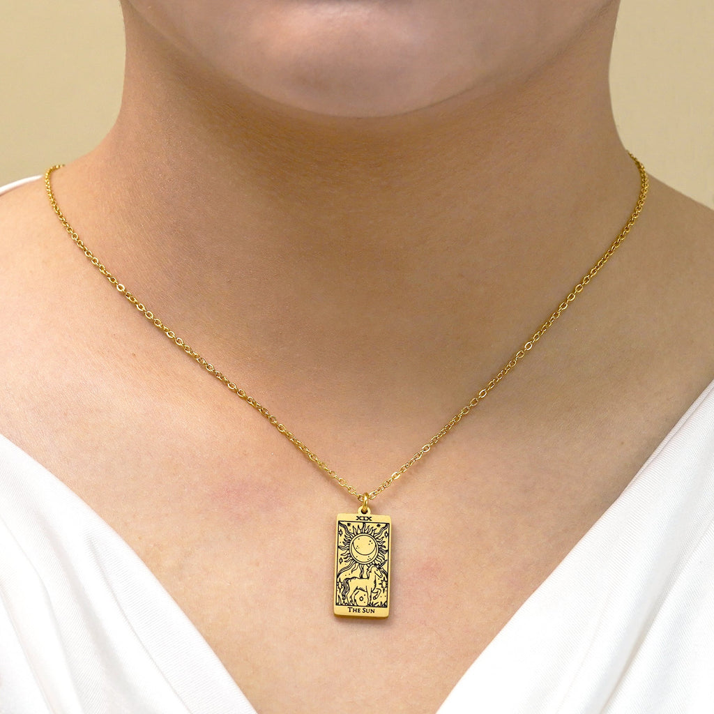 JeenMata Tarot Necklace - The Sun - Customized Tarot Pendant Jewelry for Unisex in Yellow Gold Plated
