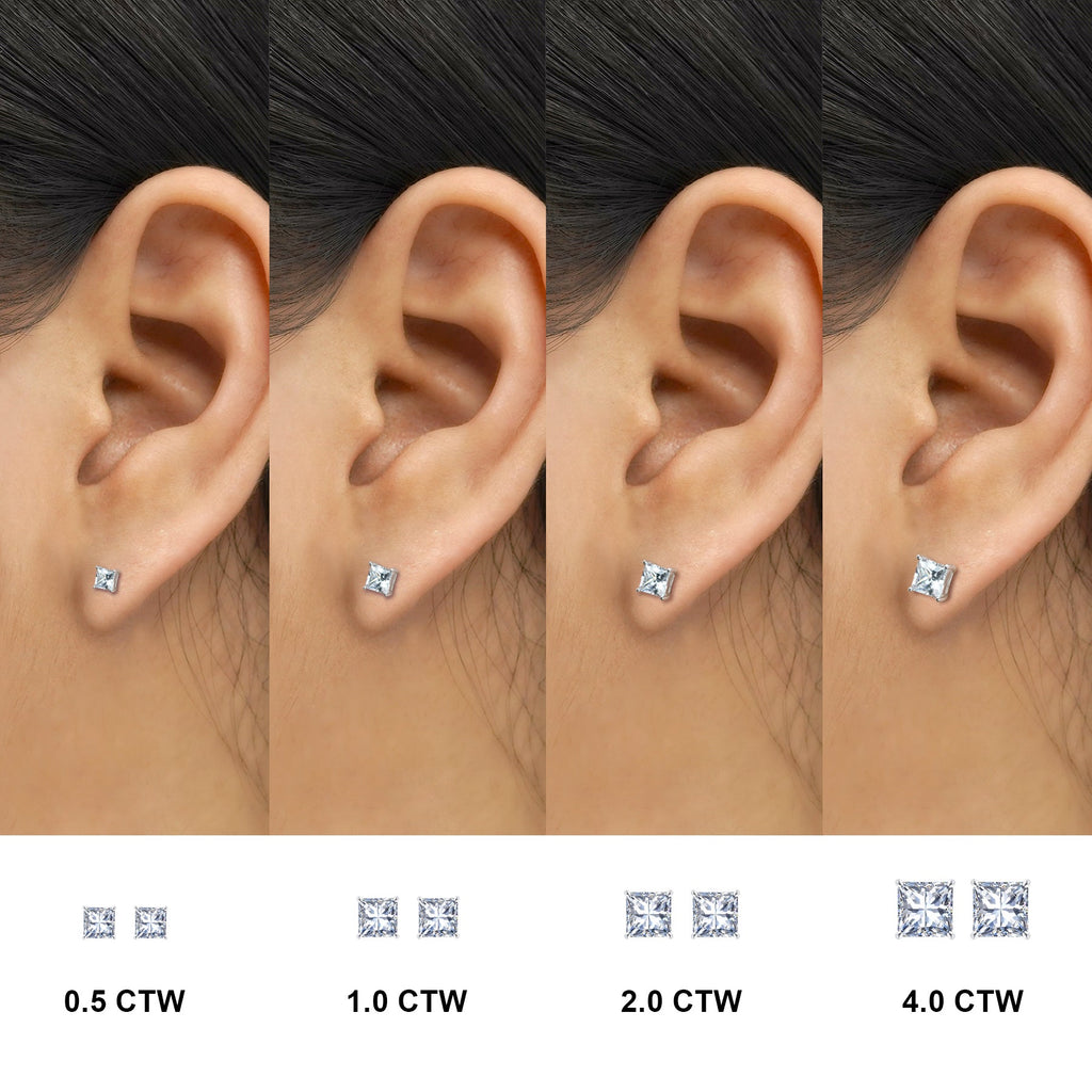 4 Carat Princess Cut Moissanite 4 Prong Solitaire Stud Earrings In 18K Rose Gold Plating Over Silver