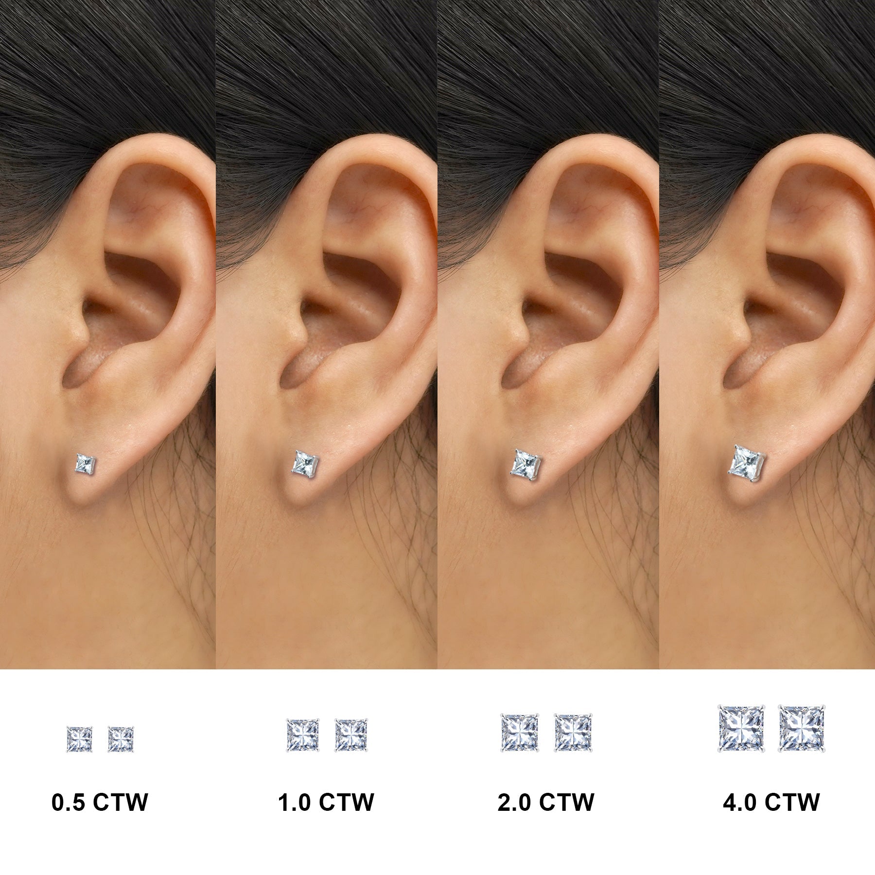 4 Carat Princess Cut Moissanite 4 Prong Solitaire Stud Earrings In 18K Rose Gold Plating Over Silver