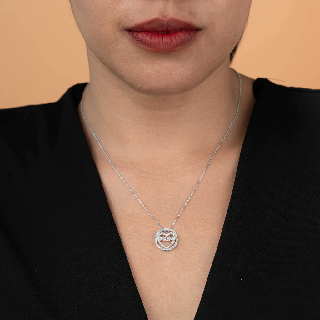 Mom In Heart Moissanite Pendant Necklace in 18K White Gold over Silver