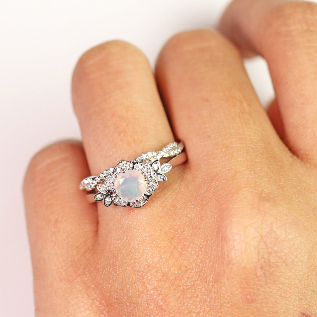 JeenMata 1.75 ct Genuine Round Blue Opal and Moissanite Bridal Ring Set in 18K White Gold over Silver
