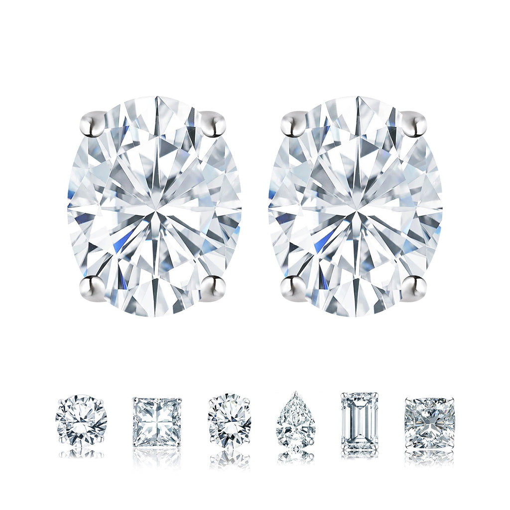 2 Carat Oval Cut Moissanite Solitaire Stud Earrings - 4 Prong - In 18K White Gold Plating Over Silver