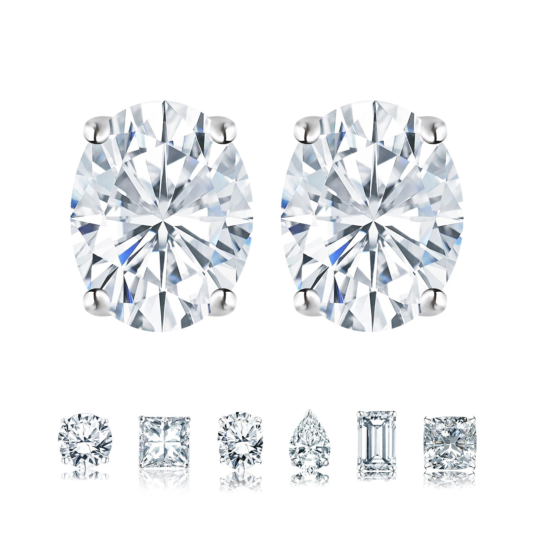 2 Carat Oval Cut Moissanite Solitaire Stud Earrings - 4 Prong - In 18K White Gold Plating Over Silver