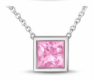 JeenMata 3.3 Carat October - Pink Tourmaline Birthstone Princess Cut Bezel Set Pendant Necklace - in 18K White Gold Plating for Women