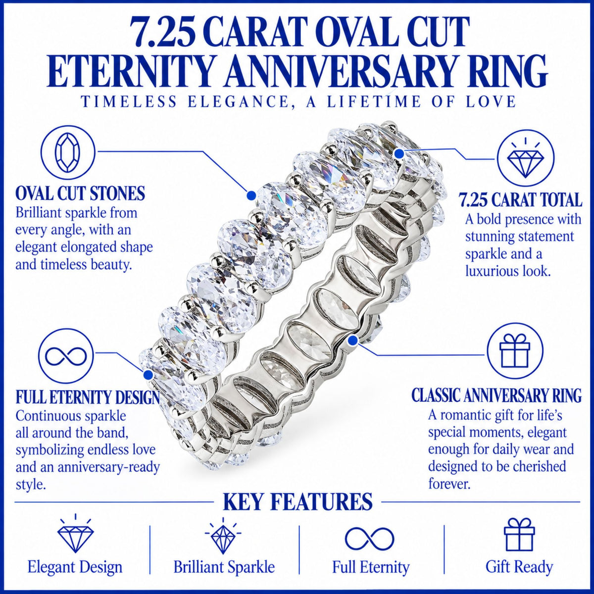 JeenMata 7.25 Carat Oval Cut Cubic Zirconia Eternity Anniversary Ring - Classic Prong Style Wedding Ring in White Gold Plating for Women