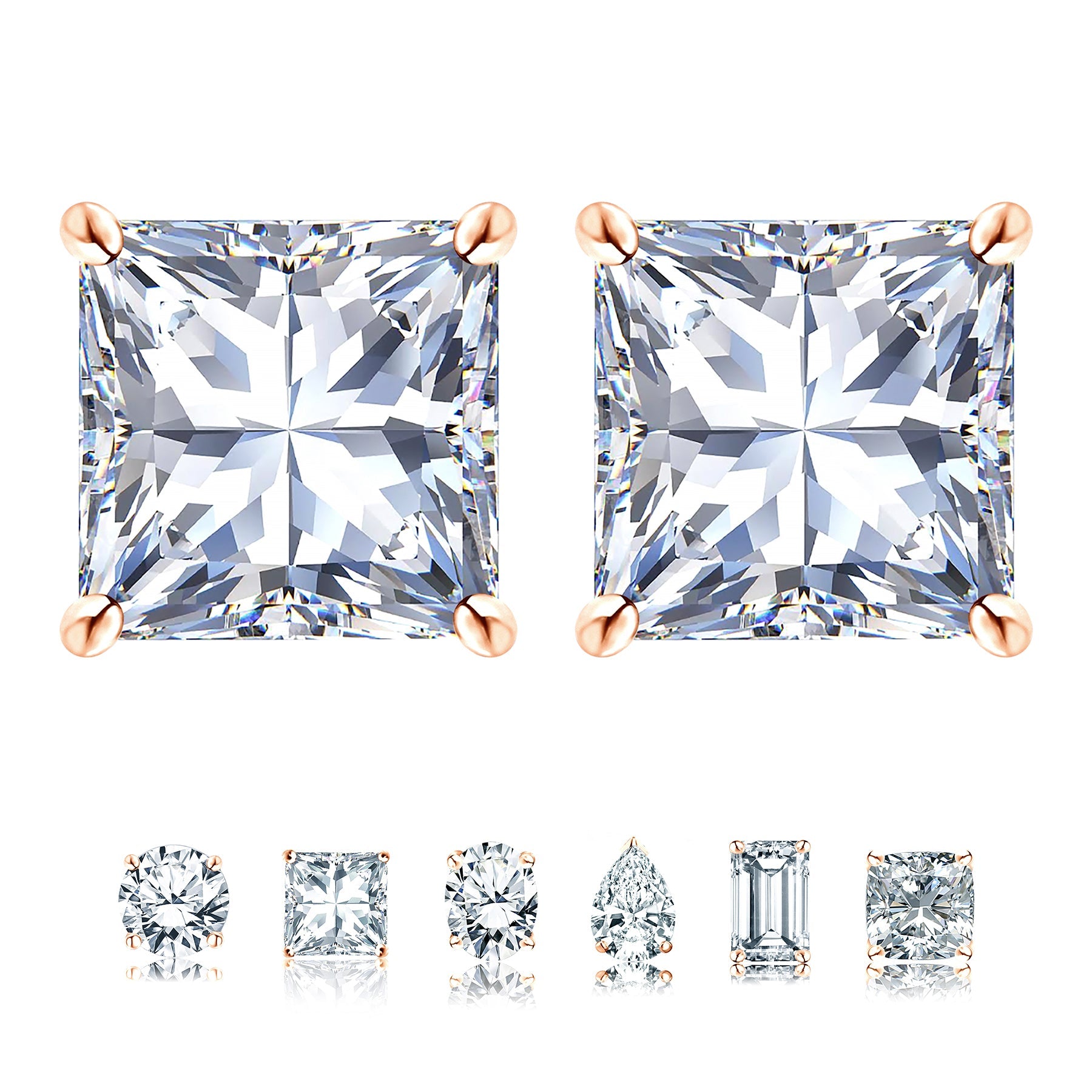 Jeenmata 2 Carat Princess Cut Moissanite 4 Prong Solitaire Stud Earrings In 18K Rose Gold Plating Over Silver