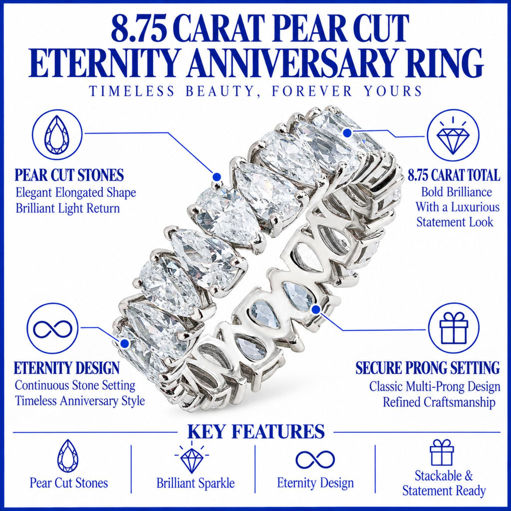 JeenMata 8.75 Carat Pear Cut Cubic Zirconia Eternity Anniversary Ring - Classic Prong Style Wedding Ring in White Gold Plating for Women