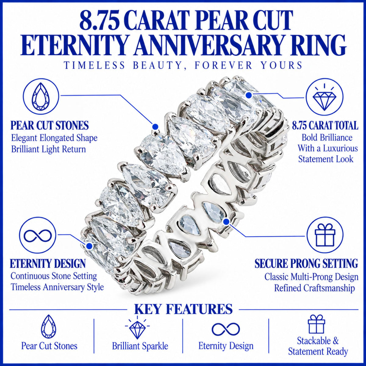 JeenMata 8.75 Carat Pear Cut Cubic Zirconia Eternity Anniversary Ring - Classic Prong Style Wedding Ring in White Gold Plating for Women