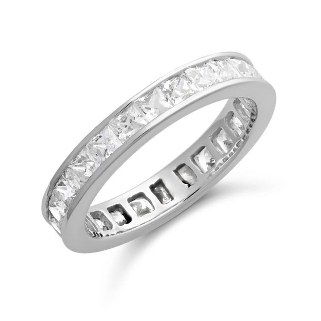 2 Carat Princess Cut April - Cubic Zirconia - Birthstone Channel Set Wedding Band - Eternity Wedding Ring in 18K White Gold Over Silver