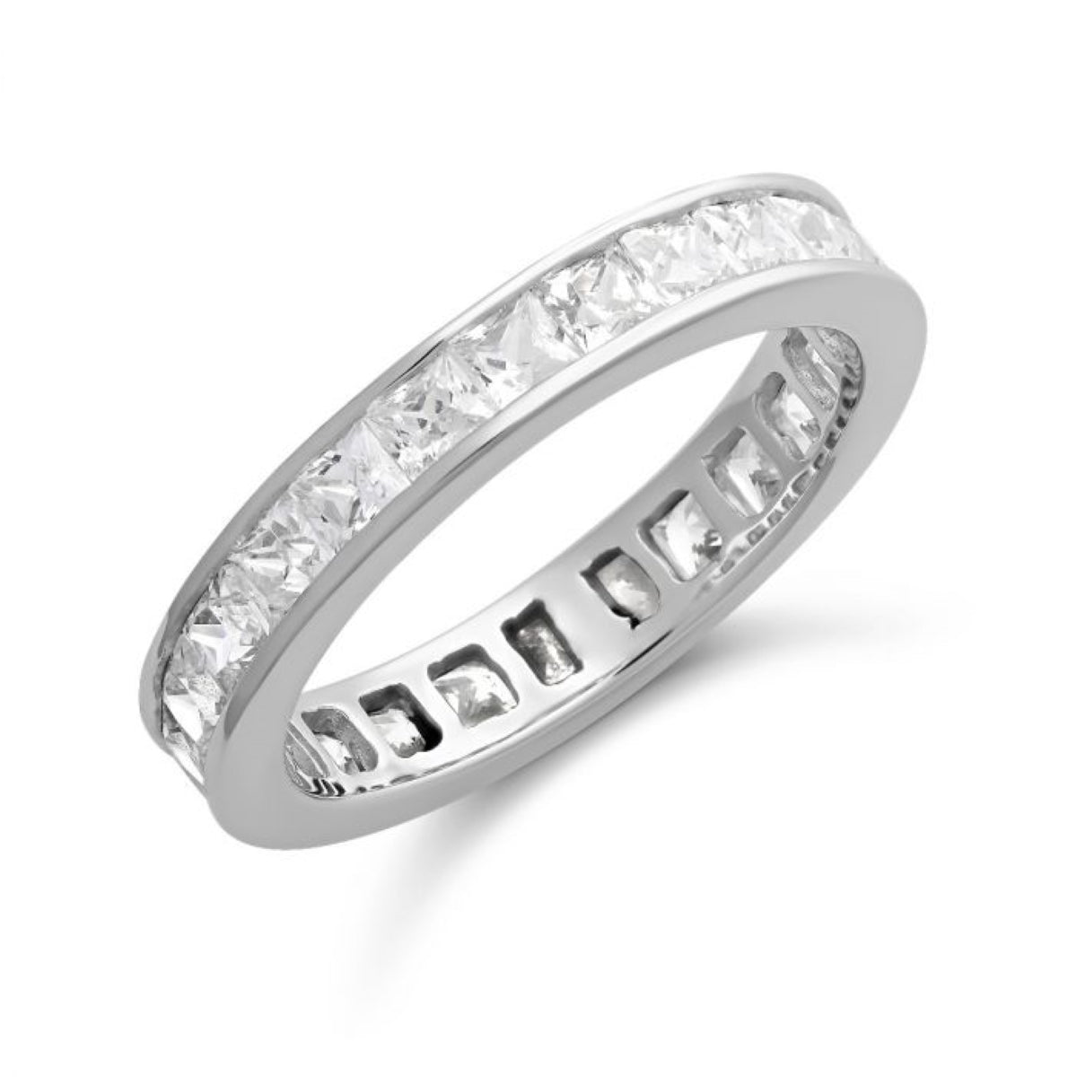 2 Carat Princess Cut April - Cubic Zirconia - Birthstone Channel Set Wedding Band - Eternity Wedding Ring in 18K White Gold Over Silver