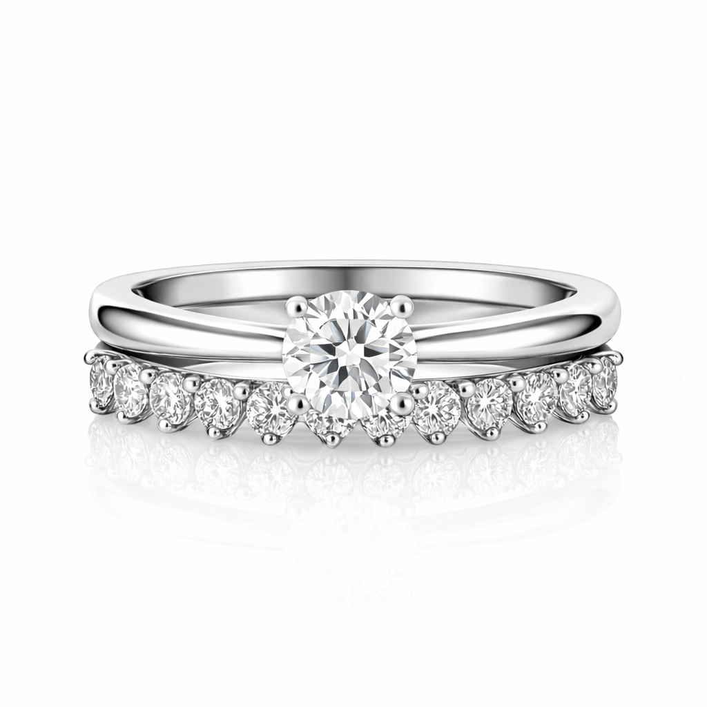 JeenMata 0.75 Carat Lab Grown Diamond Round Cut Bridal Set - Solitaire Engagement Ring with Eternity Band in 18K White Gold Plating for Women