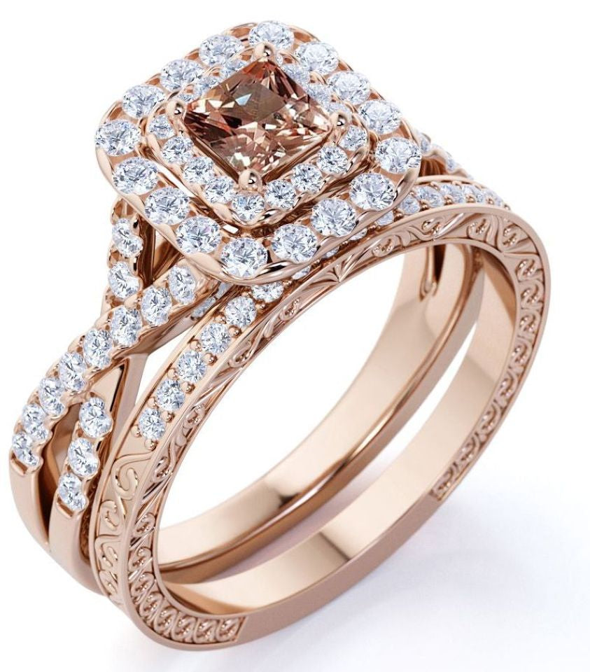 JeenMata 1.25 CT - Princess Cut - Champagne created morganite - Double Halo - Twisted Band - Vintage Inspired - Wedding Ring Set in 18K Rose Gold over Silver