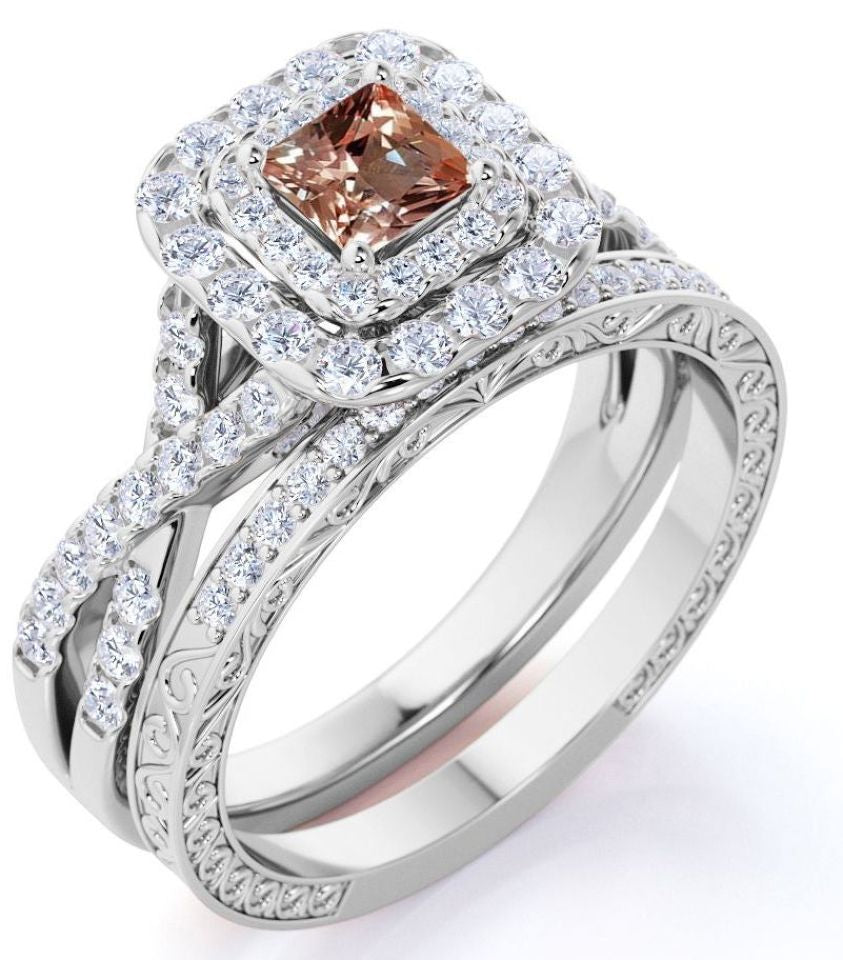 JeenMata 1.25 CT - Princess Cut - Champagne created morganite - Double Halo - Twisted Band - Vintage Inspired - Wedding Ring Set in 18K Rose Gold over Silver