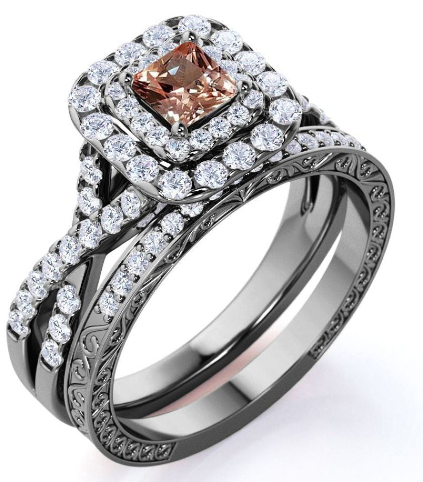 JeenMata 1.25 CT - Princess Cut - Champagne created morganite - Double Halo - Twisted Band - Vintage Inspired - Wedding Ring Set in 18K Rose Gold over Silver