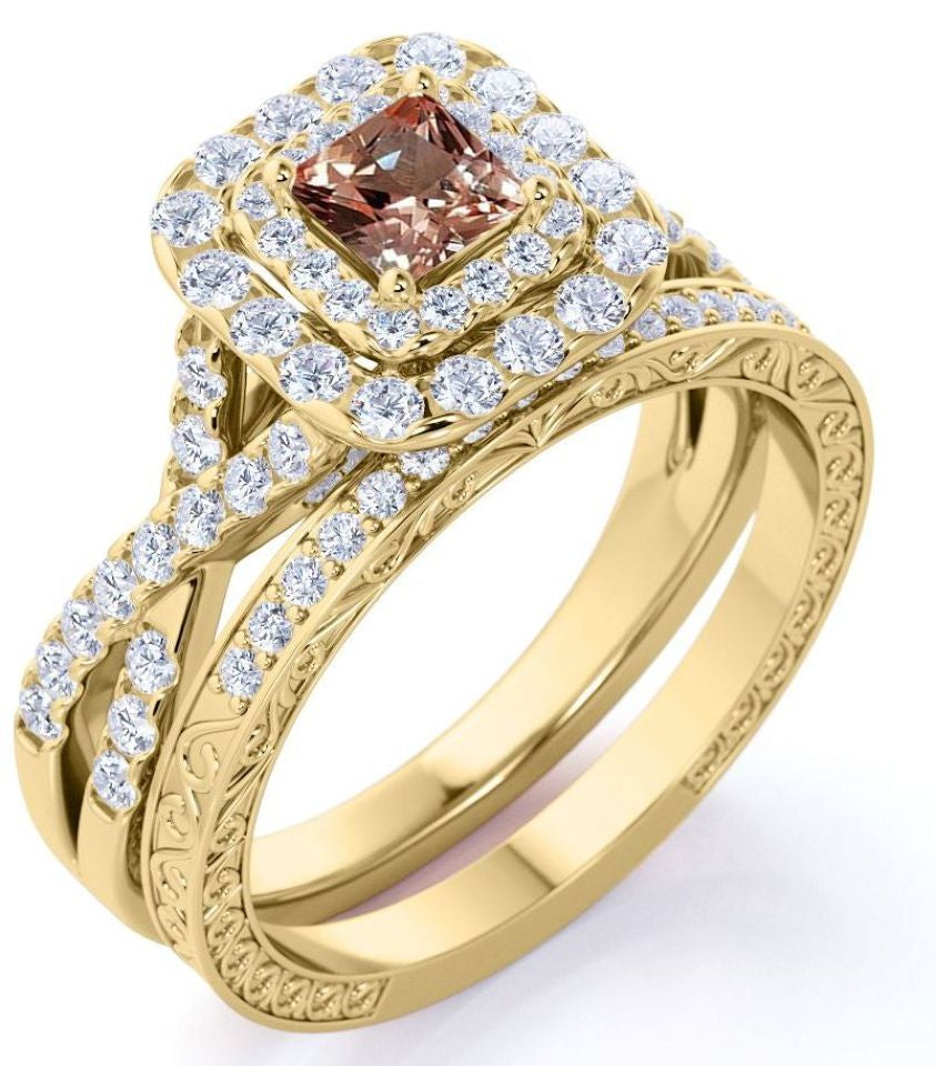 JeenMata 1.25 CT - Princess Cut - Champagne created morganite - Double Halo - Twisted Band - Vintage Inspired - Wedding Ring Set in 18K Rose Gold over Silver