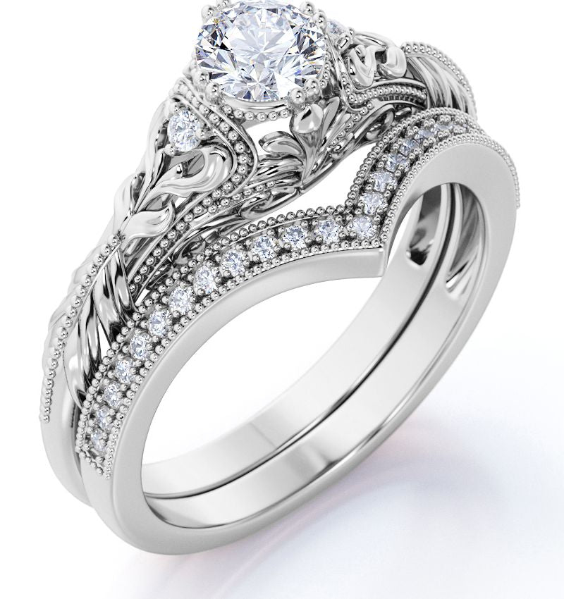 JeenMata Engraved 0.68 Carat Round Cut Real Diamond Victorian-Inspired Wedding Ring Set with Chevron Wedding Band in 10k White Gold