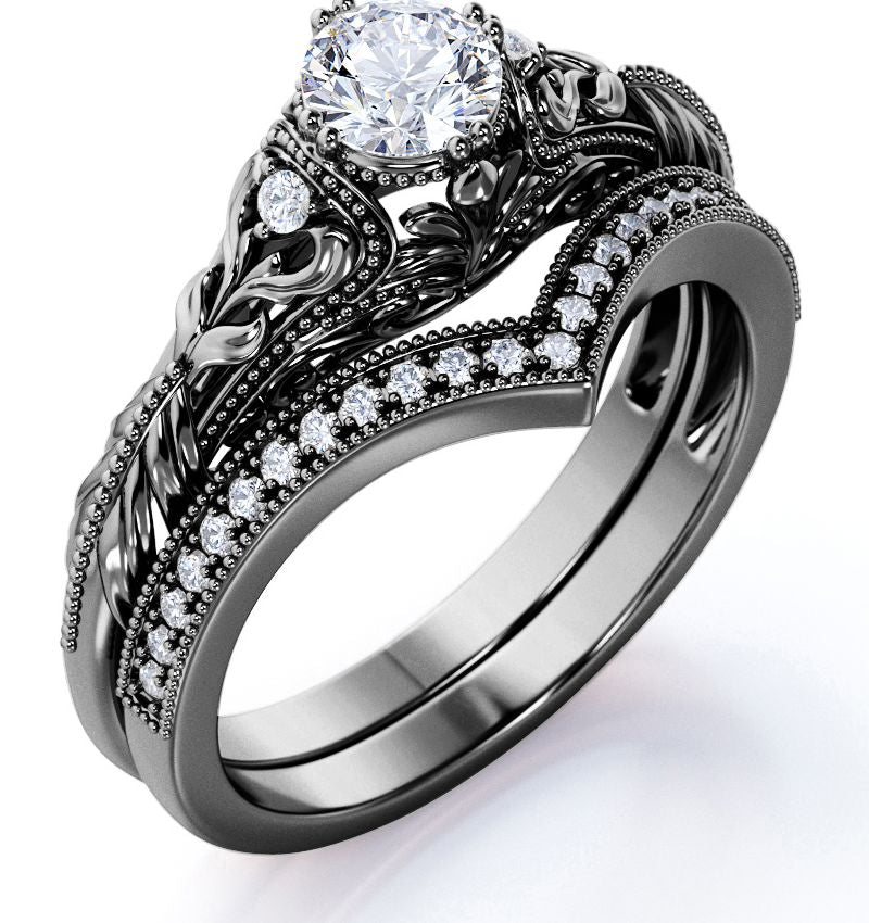 JeenMata Engraved 0.68 Carat Round Cut Real Diamond Victorian-Inspired Wedding Ring Set with Chevron Wedding Band in 10k White Gold