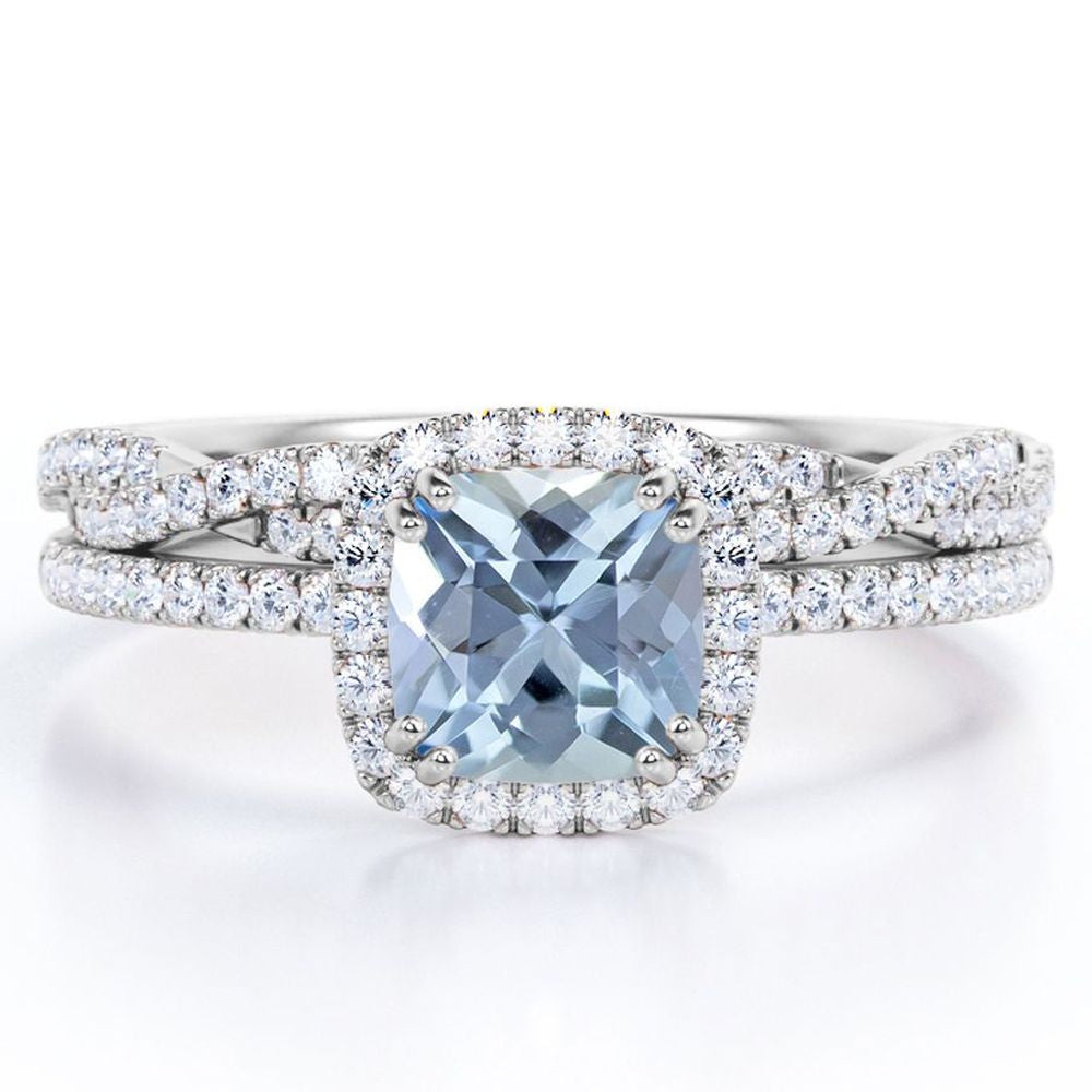JeenMata Halo Prong Set - 1.5 Carat Cushion Cut Seafoam Created Aquamarine and Moissanite - Pave Twisted Infinity Wedding Ring Set - 18K White Gold Plating over Silver