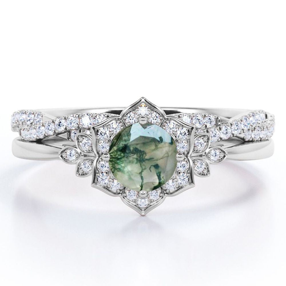 JeenMata Flower Halo Bezel 1.5 Carat Round Cut Milky Dendritic Moss Green Agate and Moissanite Infinity Twisted Band Wedding Ring Set in 18K Rose Gold Plating over Silver