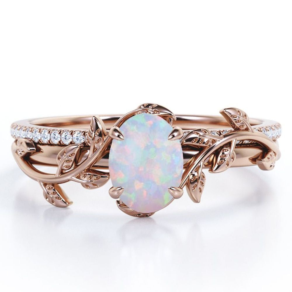 JeenMata Prong Setting 1.5 Carat Ovate Rainbow Opal and Moissanite Leaf Design Wedding Ring Set in 18K Black Gold Plating over Silver
