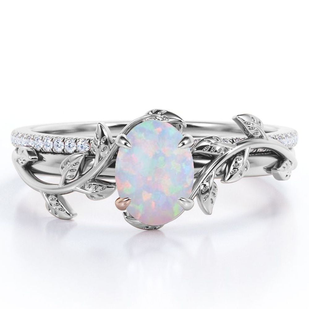 JeenMata Prong Setting 1.5 Carat Ovate Rainbow Opal and Moissanite Leaf Design Wedding Ring Set in 18K Black Gold Plating over Silver