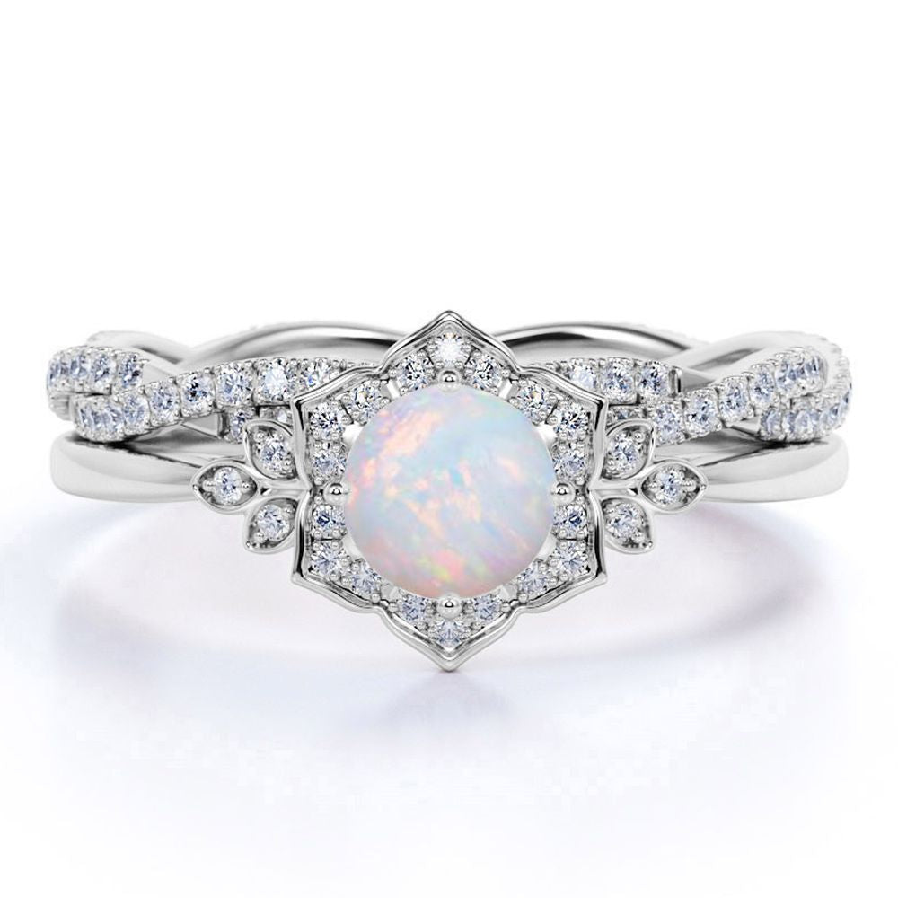 JeenMata 1.75 ct Genuine Round Blue Opal and Moissanite Bridal Ring Set in 18K White Gold over Silver