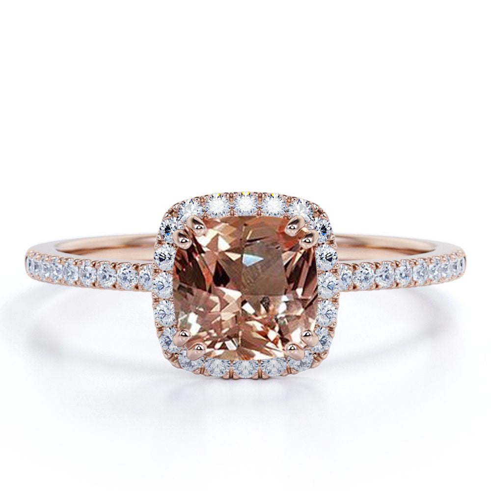 JeenMata 1.75 Carat Cushion Cut created morganite Halo Engagement Ring in 18k Rose Gold over Silver