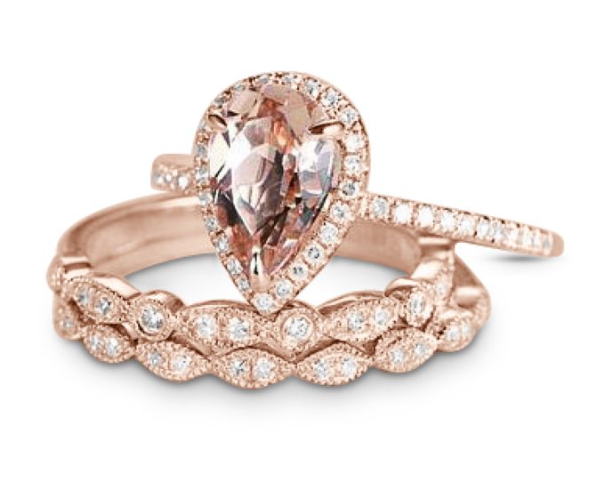 JeenMata 1.5 Carat Pear Cut Lab Created Morganite and Moissanite Trio Wedding Ring Set in Rose Gold