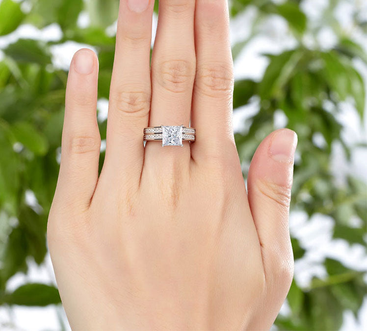JeenMata 1 Carat Princess Cut Moissanite Wedding Set - Bridal Set - Engagement Ring - Channel Set Ring - Cluster Ring - 18k White Gold Plated for Women