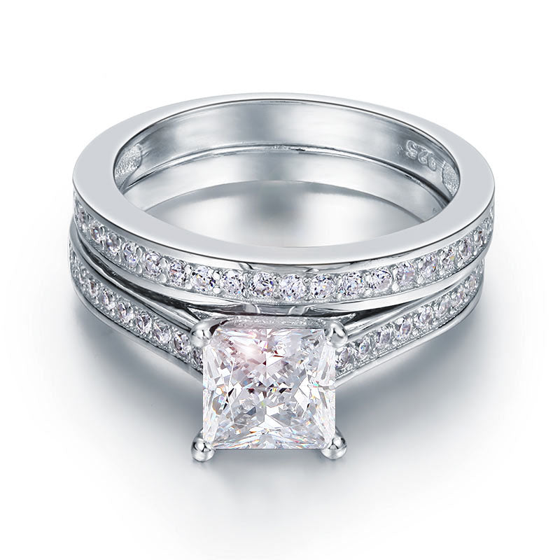 JeenMata 1 Carat Princess Cut Moissanite Wedding Set - Bridal Set - Engagement Ring - Channel Set Ring - Cluster Ring - 18k White Gold Plated for Women