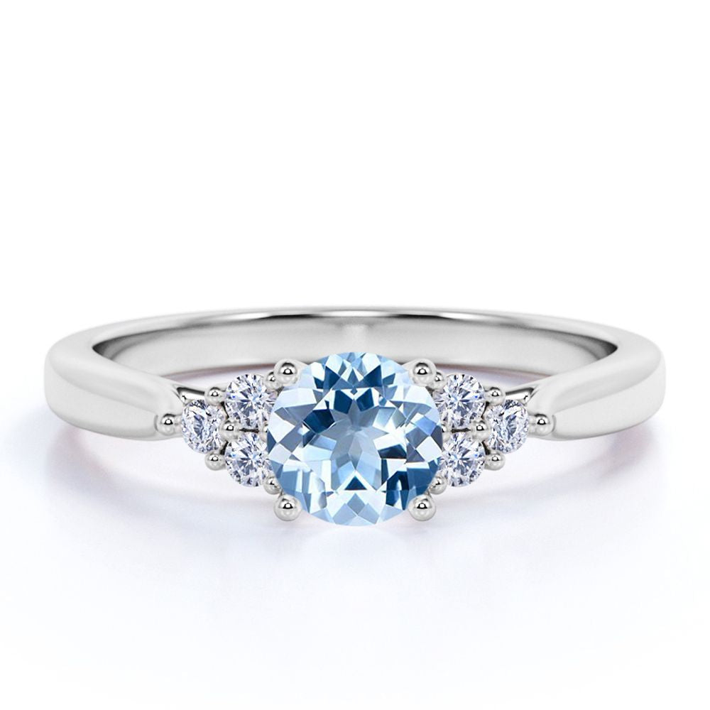 JeenMata 1.10 carat Round Light Blue Created Aquamarine 7 Stone Vintage Engagement Ring in 18k White Gold over Silver
