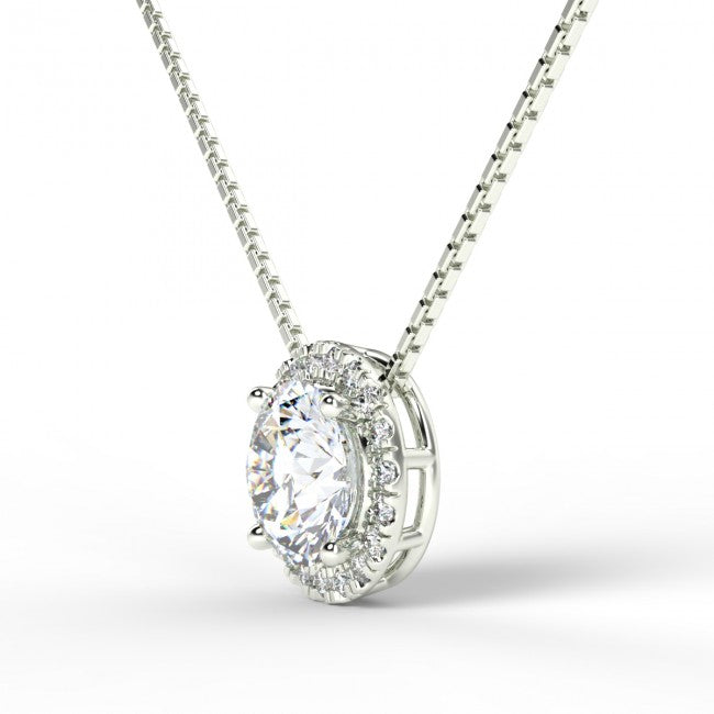 Solitaire 1 Carat Round Cut Real Moissanite Halo Pendant Necklace in 18k White Gold Over Silver