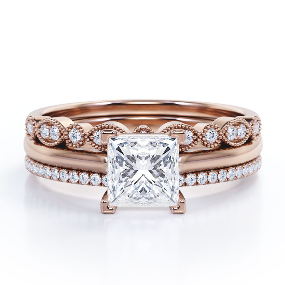 JeenMata 3.25 Carat Princess Wedding Ring Set - Bridal Set - Wedding Trio Set - Engagement Ring - Art Deco Ring - Promise Ring - Sterling Silver