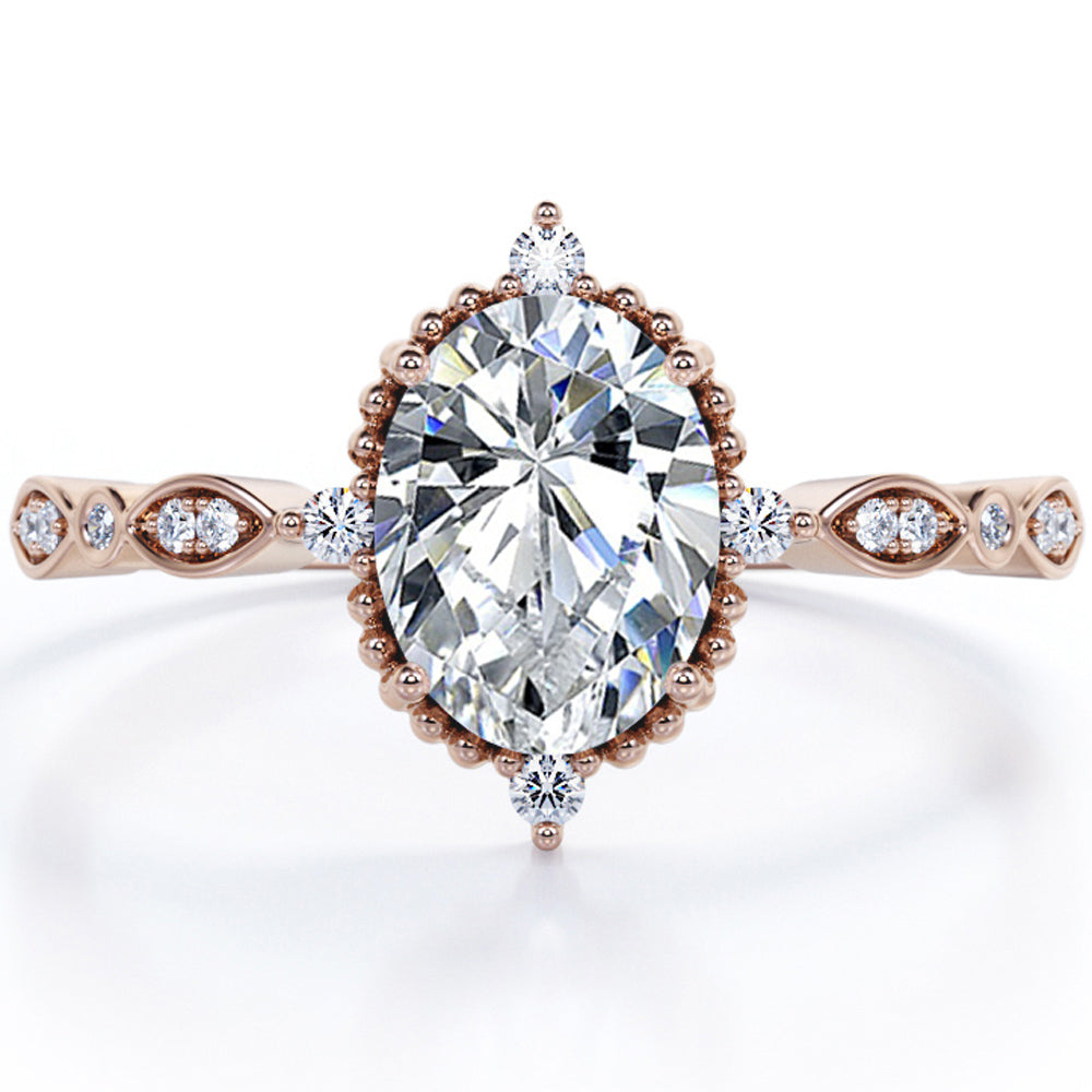 JeenMata 1.5 Carat Moissanite Oval Shape - Vintage Filigree Bezel 5-Stone Milgrain Decorative Engagement Ring In 18K Gold Plating for Women