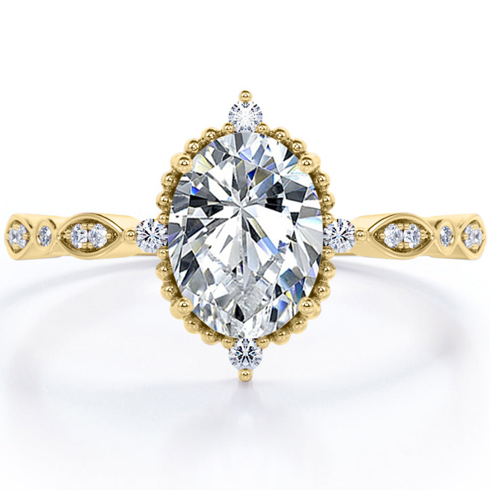 JeenMata 1.5 Carat Moissanite Oval Shape - Vintage Filigree Bezel 5-Stone Milgrain Decorative Engagement Ring In 18K Gold Plating for Women