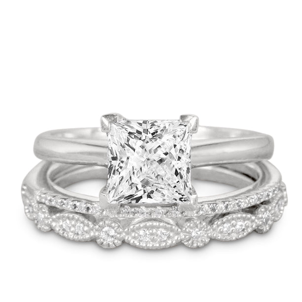 JeenMata 3.25 Carat Princess Wedding Ring Set - Bridal Set - Wedding Trio Set - Engagement Ring - Art Deco Ring - Promise Ring - Sterling Silver