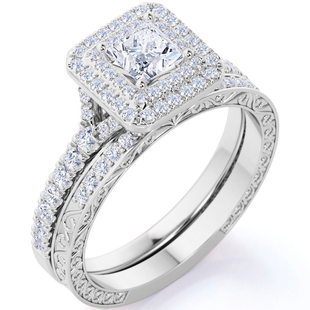 JeenMata 1.75 ct - Square Cut Moissanite - Pave Set - Split Band - Double Halo Engagement Ring - Bridal Set - 18K White Gold Plating for Women