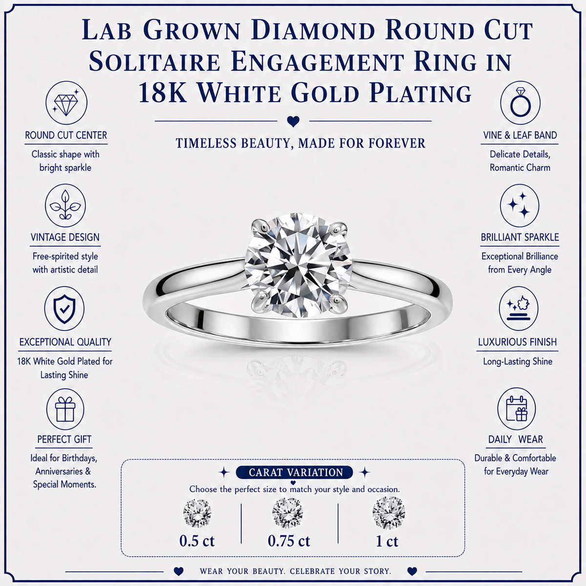 JeenMata Lab Grown Diamond 0.75 Carat Round Cut Solitaire Engagement Ring in 18K White Gold Plating for Women