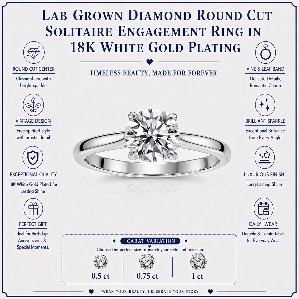 JeenMata Lab Grown Diamond 0.50 Carat Round Cut Solitaire Engagement Ring in 18K White Gold Plating for Women