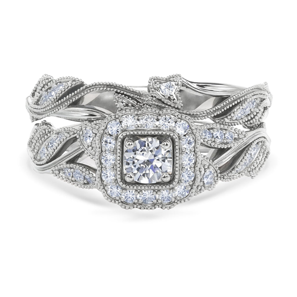 Certified 1 Ct Round Lab Diamond - Art Deco Style - Wedding Ring Set