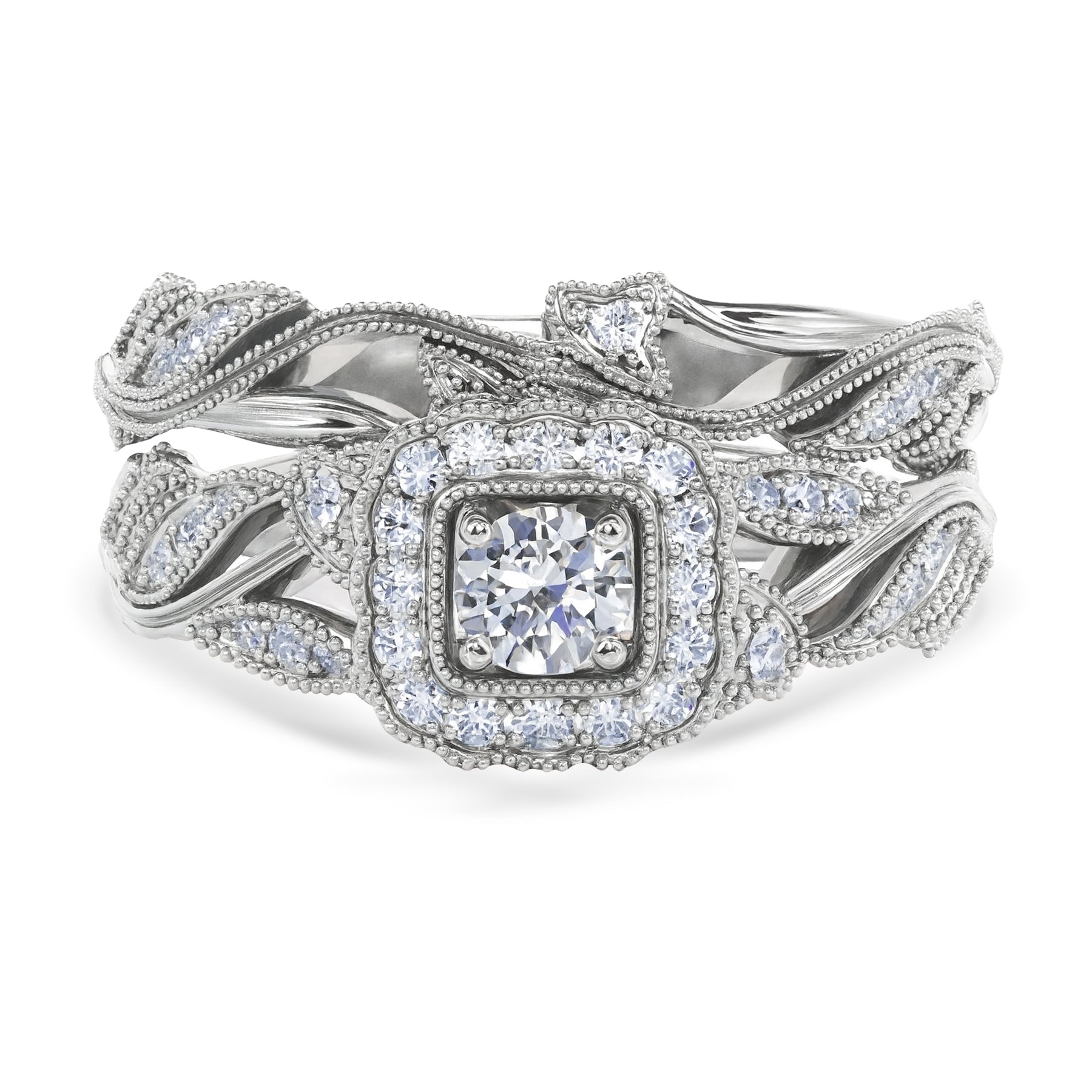 Certified 1 Ct Round Lab Diamond - Art Deco Style - Wedding Ring Set