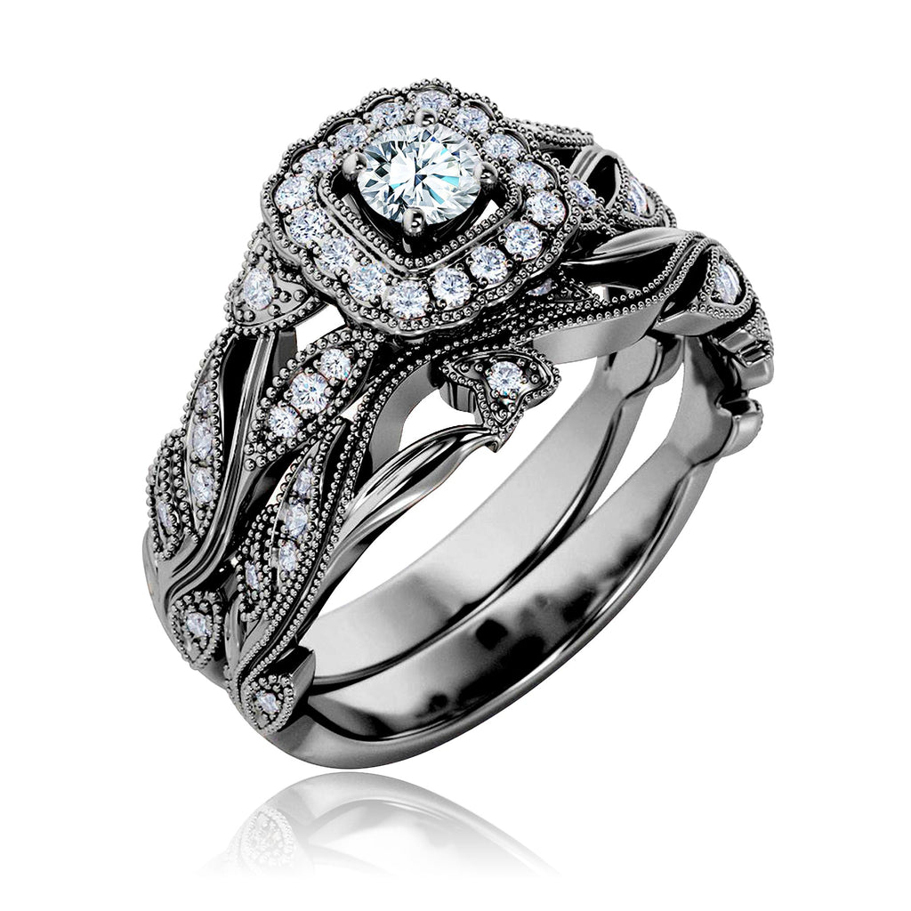 Certified 1 Ct Round Lab Diamond - Art Deco Style - Wedding Ring Set