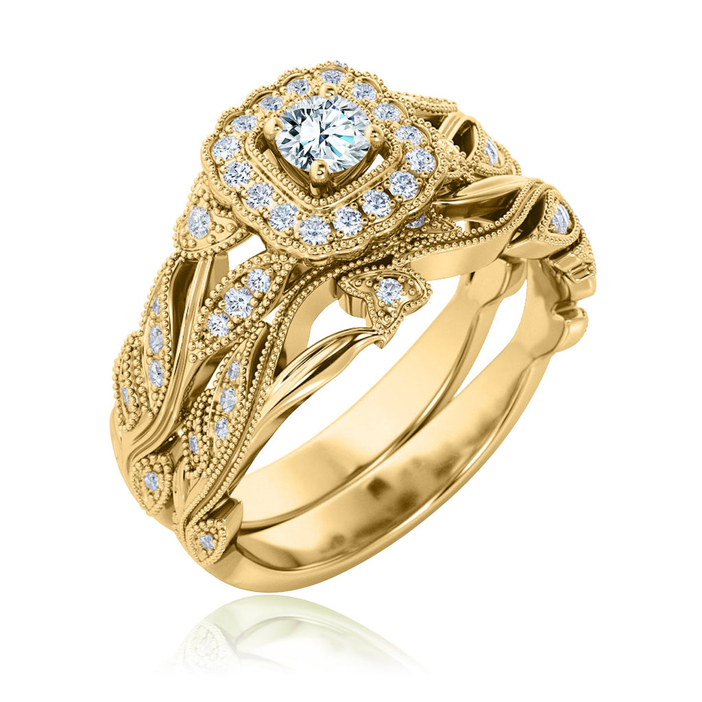 Certified 1 Ct Round Lab Diamond - Art Deco Style - Wedding Ring Set