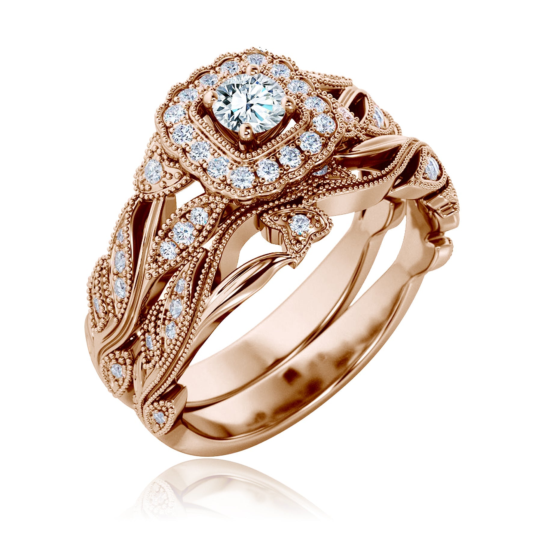 Certified 1 Ct Round Lab Diamond - Art Deco Style - Wedding Ring Set