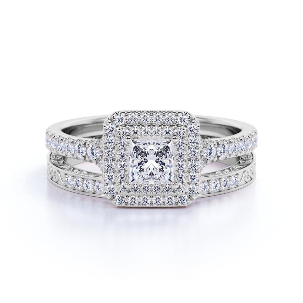JeenMata 1.75 ct - Square Cut Moissanite - Pave Set - Split Band - Double Halo Engagement Ring - Bridal Set - 18K White Gold Plating for Women