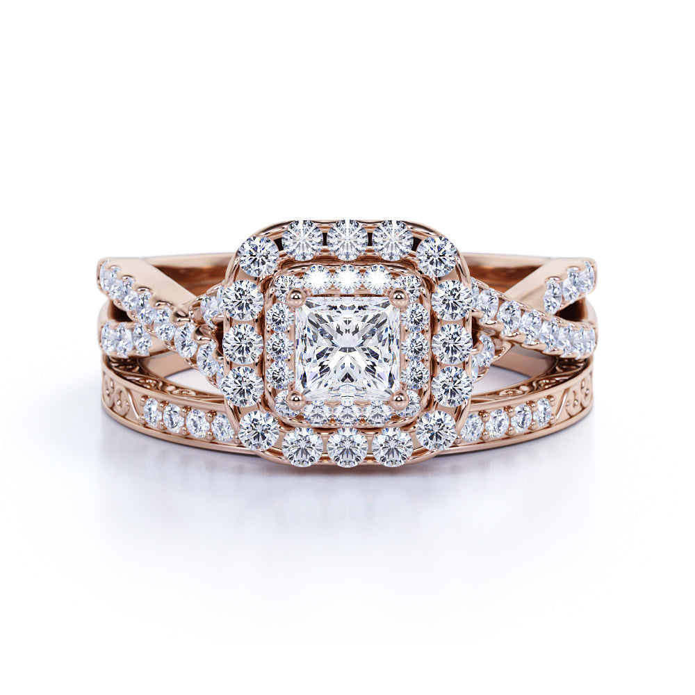JeenMata Square Diamond - Double Halo - Twisted Band - Vintage Inspired - Pave - Wedding Ring Set in 10K Rose Gold