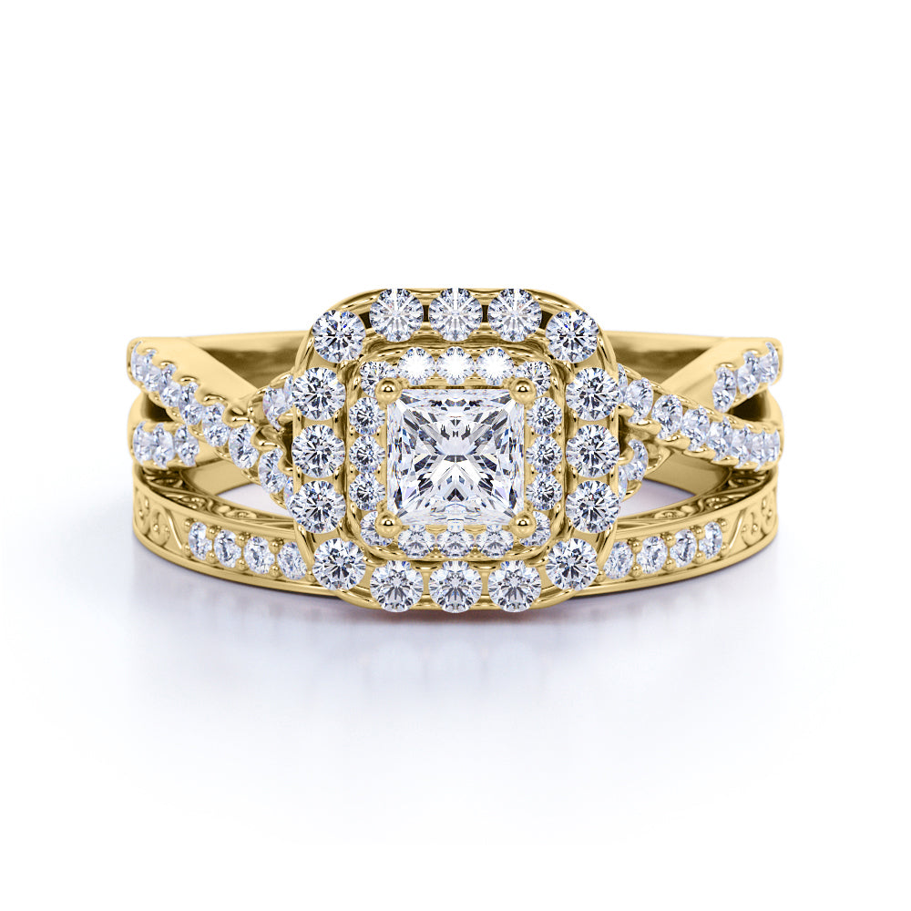 1.25 ct - Square Moissanite - Double Halo - Twisted Band - Vintage Inspired - Pave - Wedding Ring Set