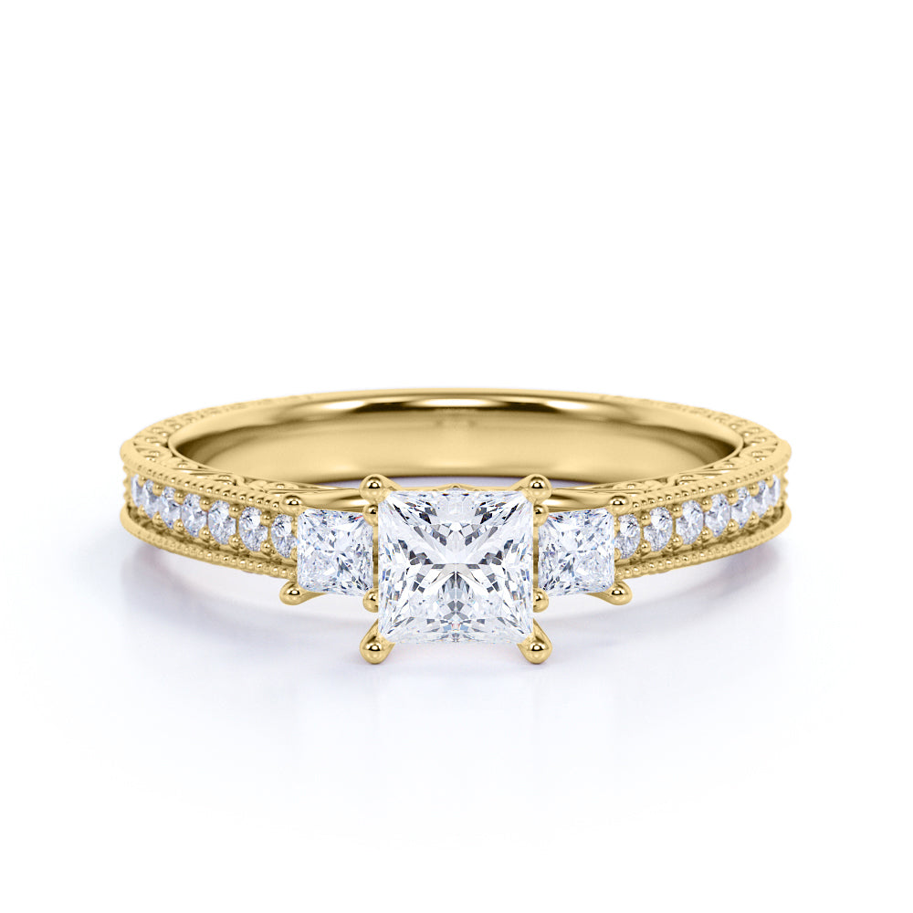 1 ct Princess Cut Moissanite Three Stone Engagement Ring