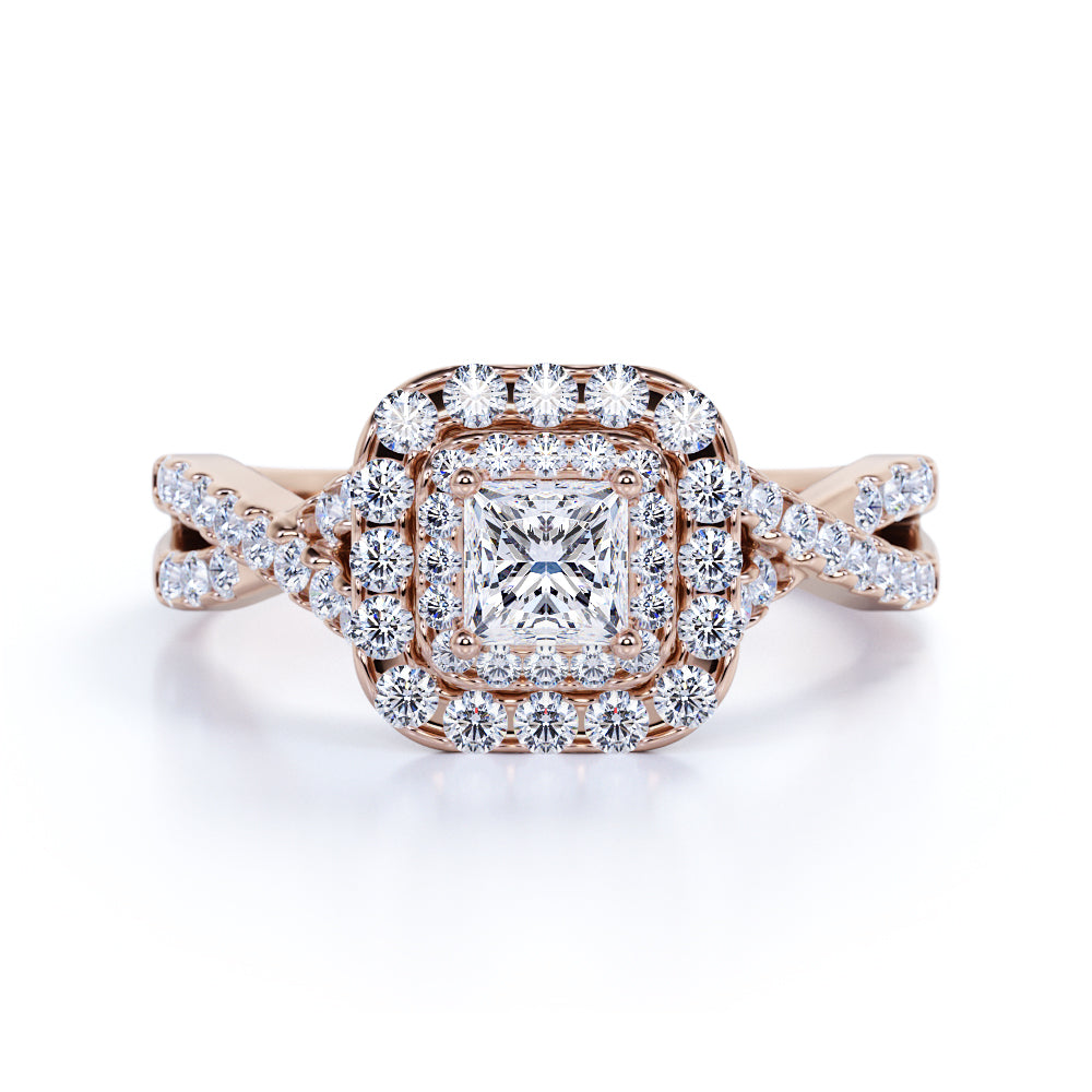 0.50 Carat - Square Cut Diamond - Twisted Band - Pave - Double Halo Engagement Ring - 10K White Gold
